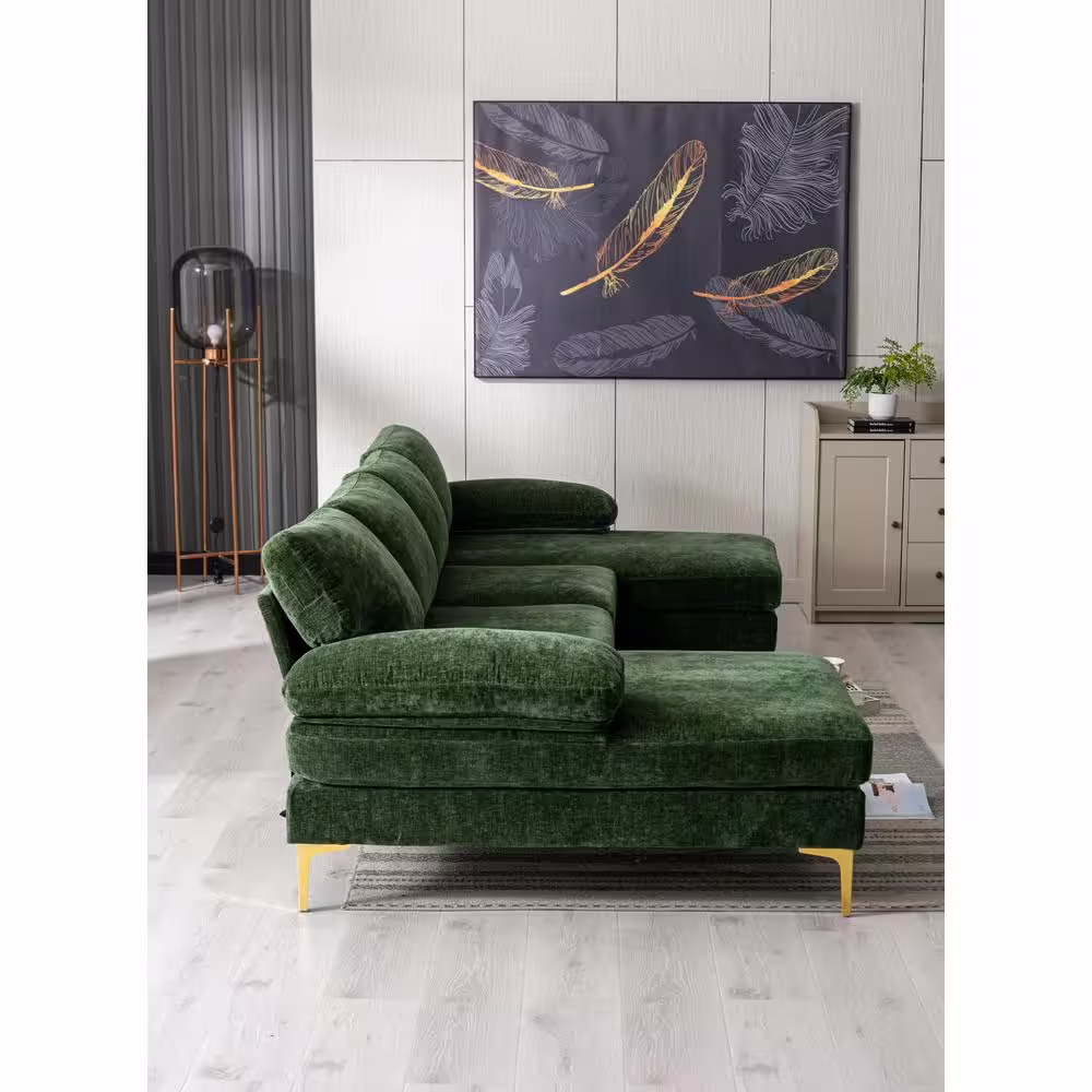 HOMEFUN 110 in W Green 4-piece U Shaped Fabric Modern Sectional Sofa with 2 Arms and Golden Metal Legs