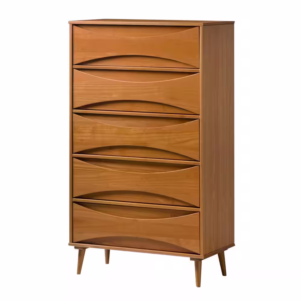 Welwick Designs 5-Drawer Caramel Wood Mid-Century Modern Dresser with Curved Detailing