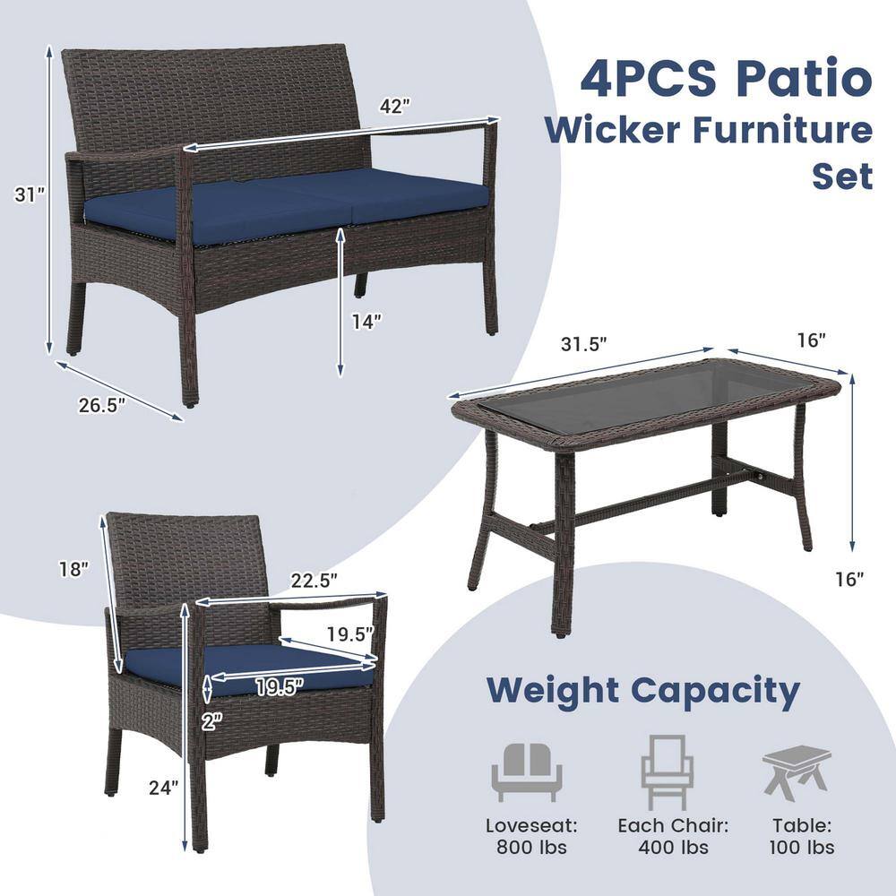 Costway 4-Piece Wicker Patio Conversation Set Rattan Furniture Sofa Armrest Coffee Table with Navy Cushions