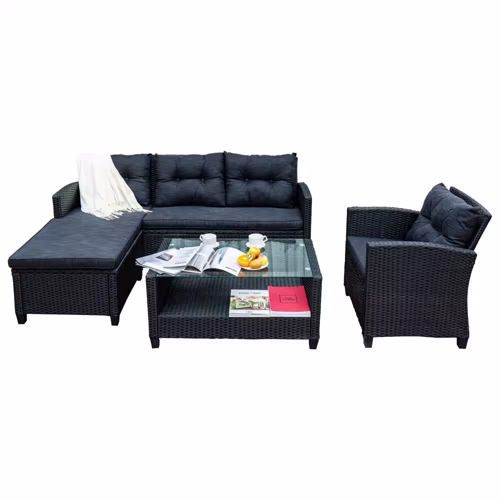 MADE 4 HOME Versailles Black 4-Piece Wicker Patio Conversation Sectional Seating Set with Black Cushions and Ottoman