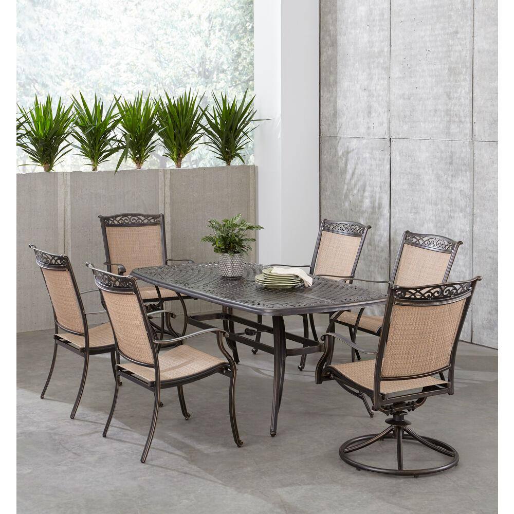 Hanover Fontana 7-Piece Aluminum Outdoor Dining Set with 2 Sling Swivel Rockers, 4 Sling Chairs and Cast-Top Table
