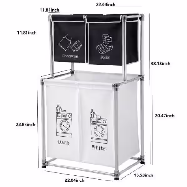None Black-White Fabric Laundry Basket with 4-Removable Bags