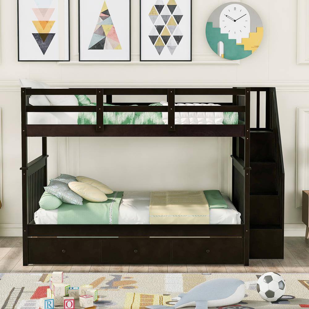 None Espresso Full Over Full Stairway Bunk Bed with 3 Drawers and Bookshelves, Wood Kids Bunk Bed Frame with Staircases