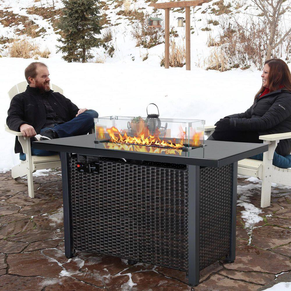 None 43 in. W x 22 in. D x 25 in. H Outdoor 50000 BTU Rattan and Metal Propane Fire Pit Table with Glass Wind Guard, Lid