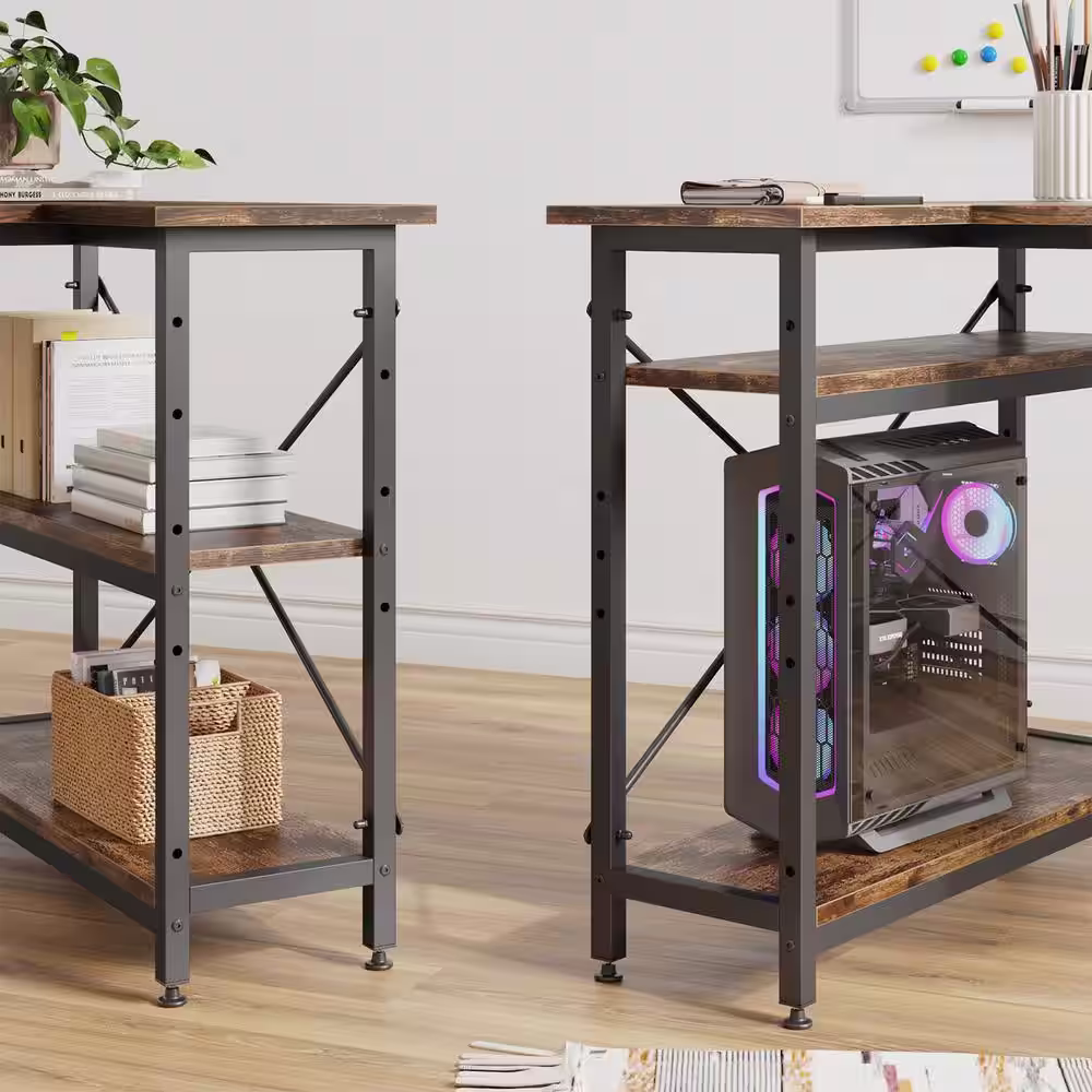 Bestier 55 in. L-Shaped Rustic Brown Desk with Adjustable Shelves