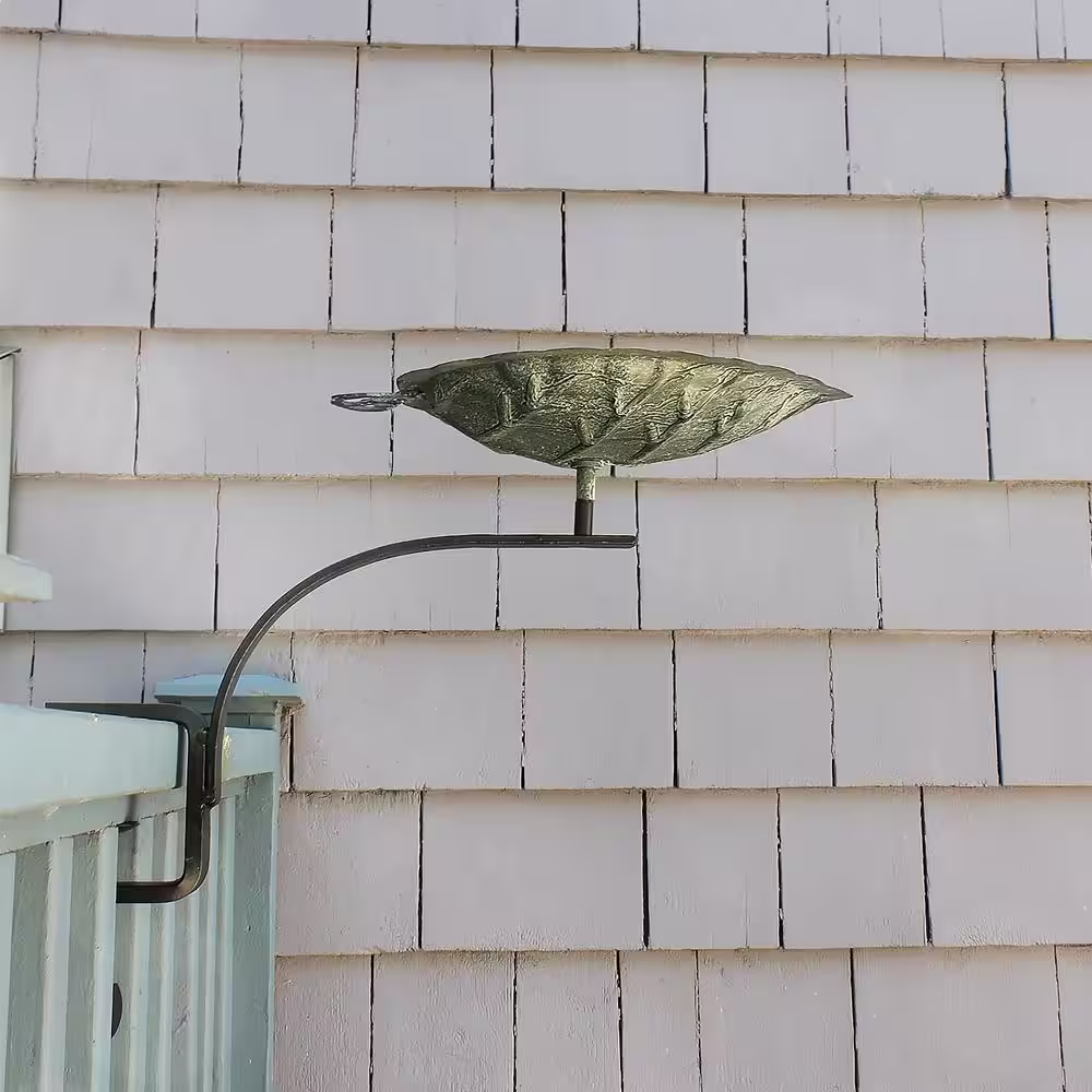 Achla Designs 12 in. Tall Antique Brass Plated Aspen Leaf Birdbath with Rail Mount Bracket