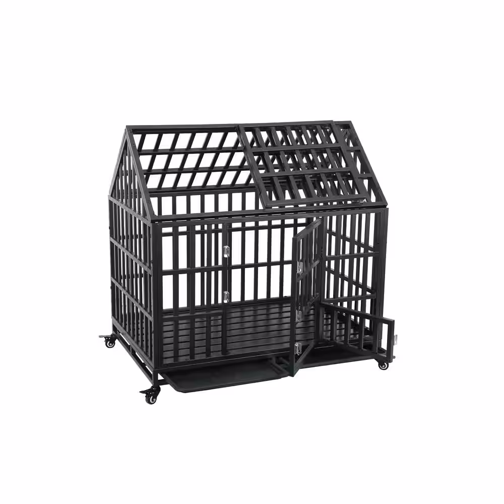 None Carbon Steel Heavy-Duty Dog Cage pet Crate with Roof in Black