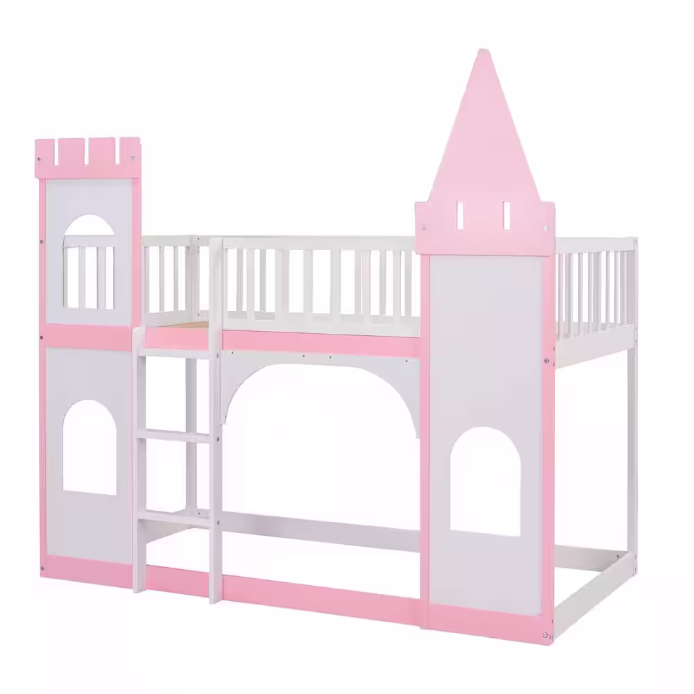 Harper & Bright Designs Pink Twin over Twin Castle Bunk Bed with Ladder