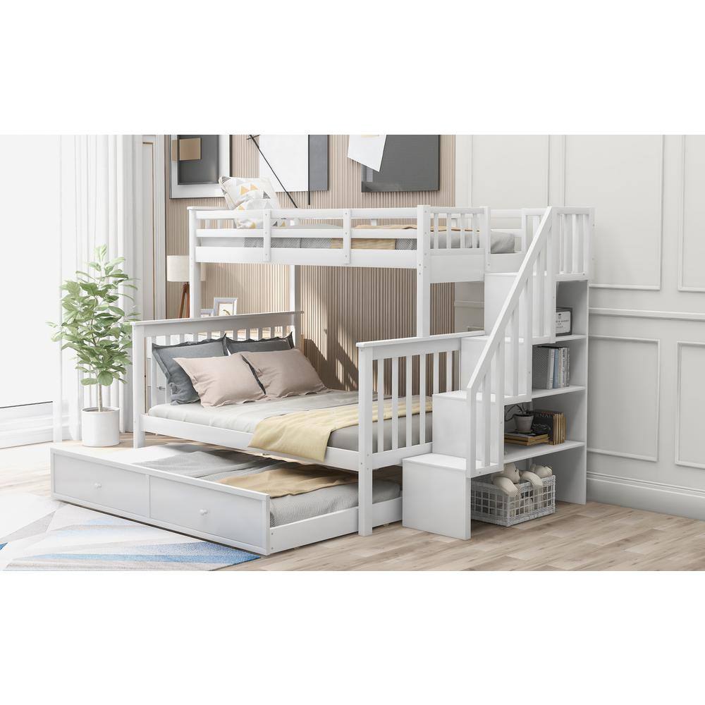 None White Twin Over Full Bunk Bed with Twin Trundle and Bookshelves, Solid Wood Kids Bunk Bed Frame with Staircases