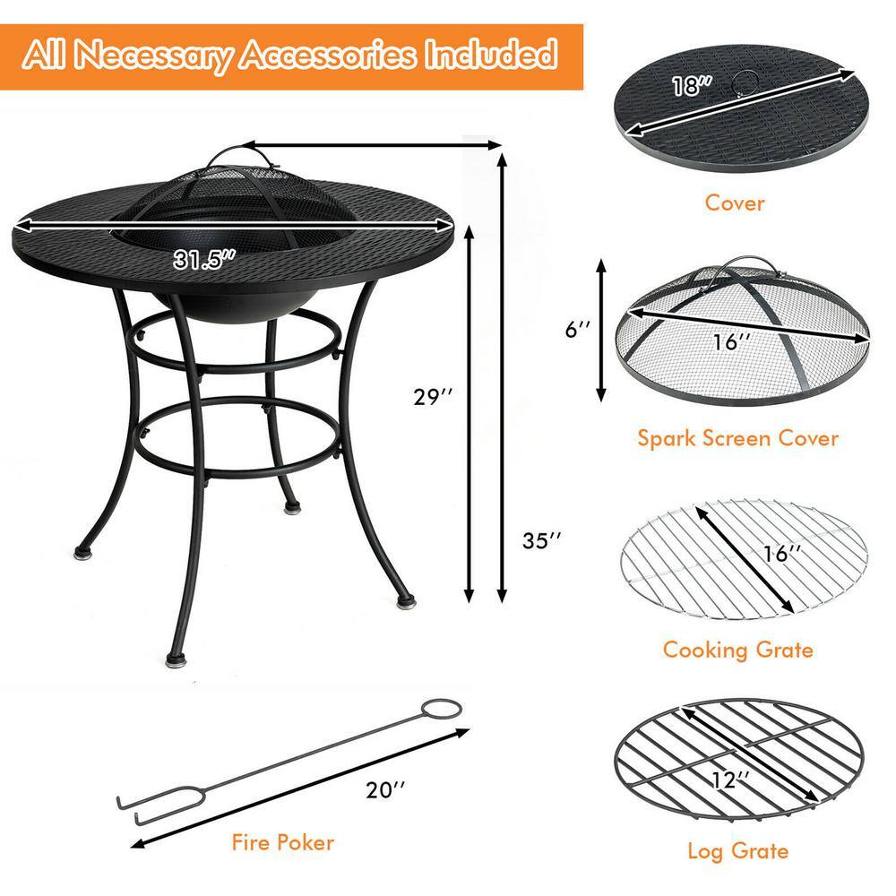Gymax Black Patio Round Metal Fire Pit Dining Table Charcoal Wood Burning Cooking BBQ Grate