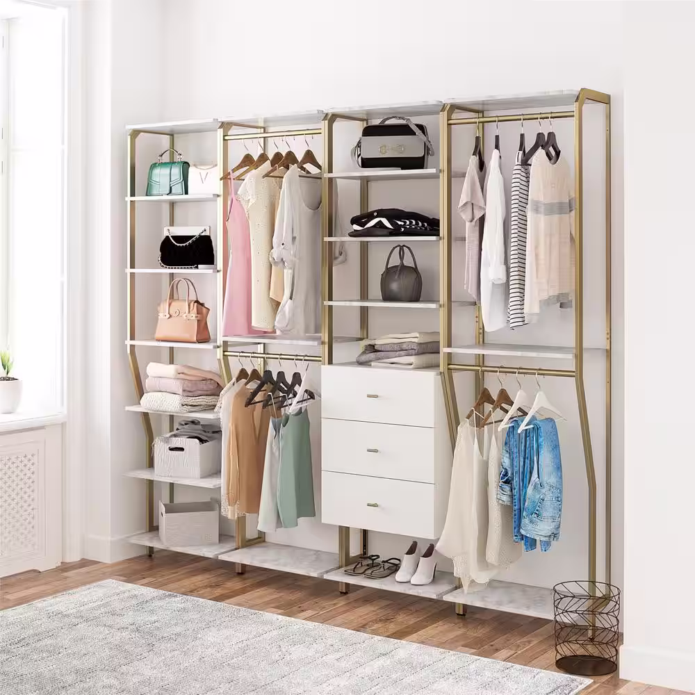 CosmoLiving by Cosmopolitan Gwyneth 96 in. W Wall Mount Adjustable Wood Closet System 4 Piece Bundle -2 Hanging Rod, 1 Shelf, 1 Drawer Unit, White