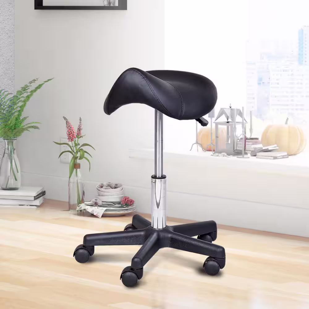 HOMCOM Rolling Black Saddle Stool, Swivel Salon Chair, Ergonomic Faux Leather Stool, Adjustable Height with Wheels