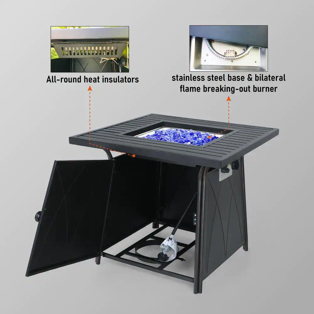 None 28.3 in. x 24.8 in. 50,000 BTU Square Metal Gas Fire Pit Table with Lid and Blue Fire Glass