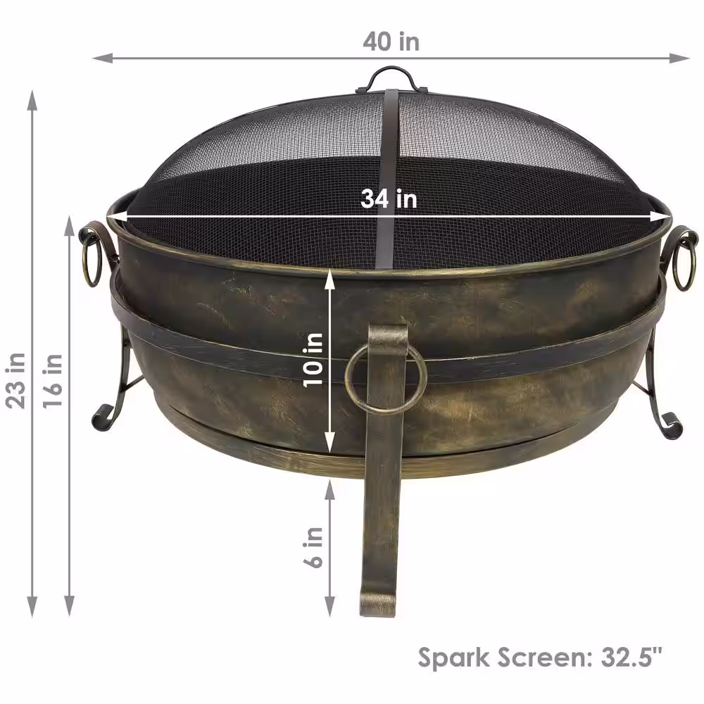 Sunnydaze Decor 34 in. x 23 in. Round Large Steel Cauldron Wood Fire Pit in Black with Spark Screen