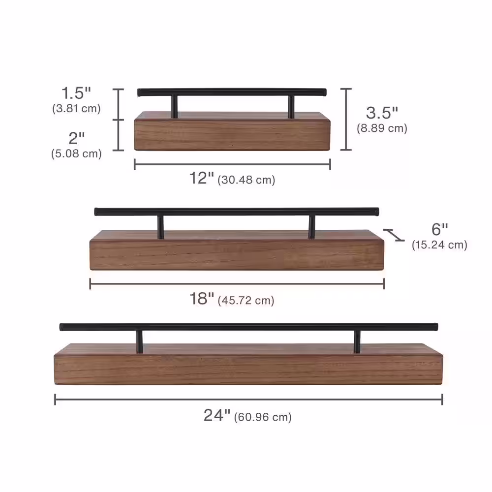 Melannco Set of 3-Natural Floating Shelves with Metal Rail, 12 in. 18 in. 24 in.