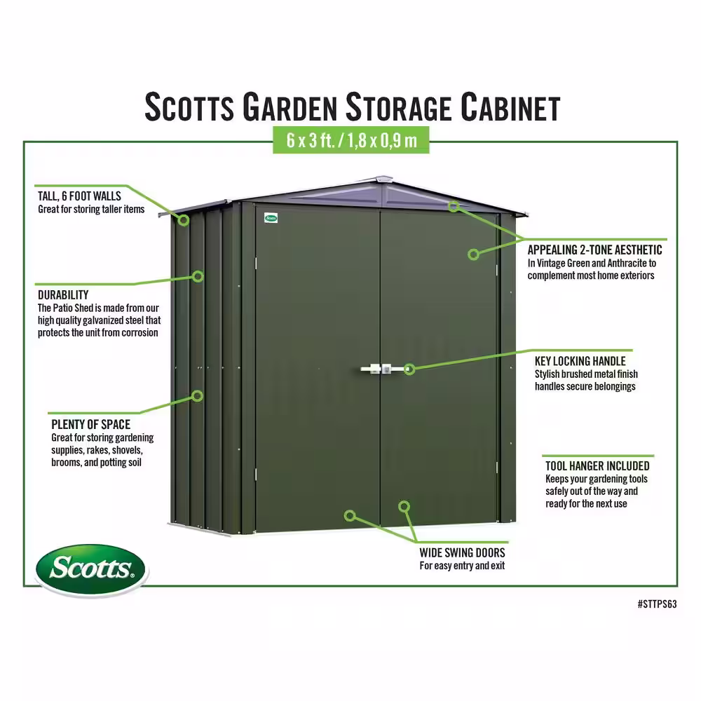 Scotts 3 ft. W x 6 ft. D x 7 ft. H Metal Garden Storage Cabinet Shed 18 sq. ft.