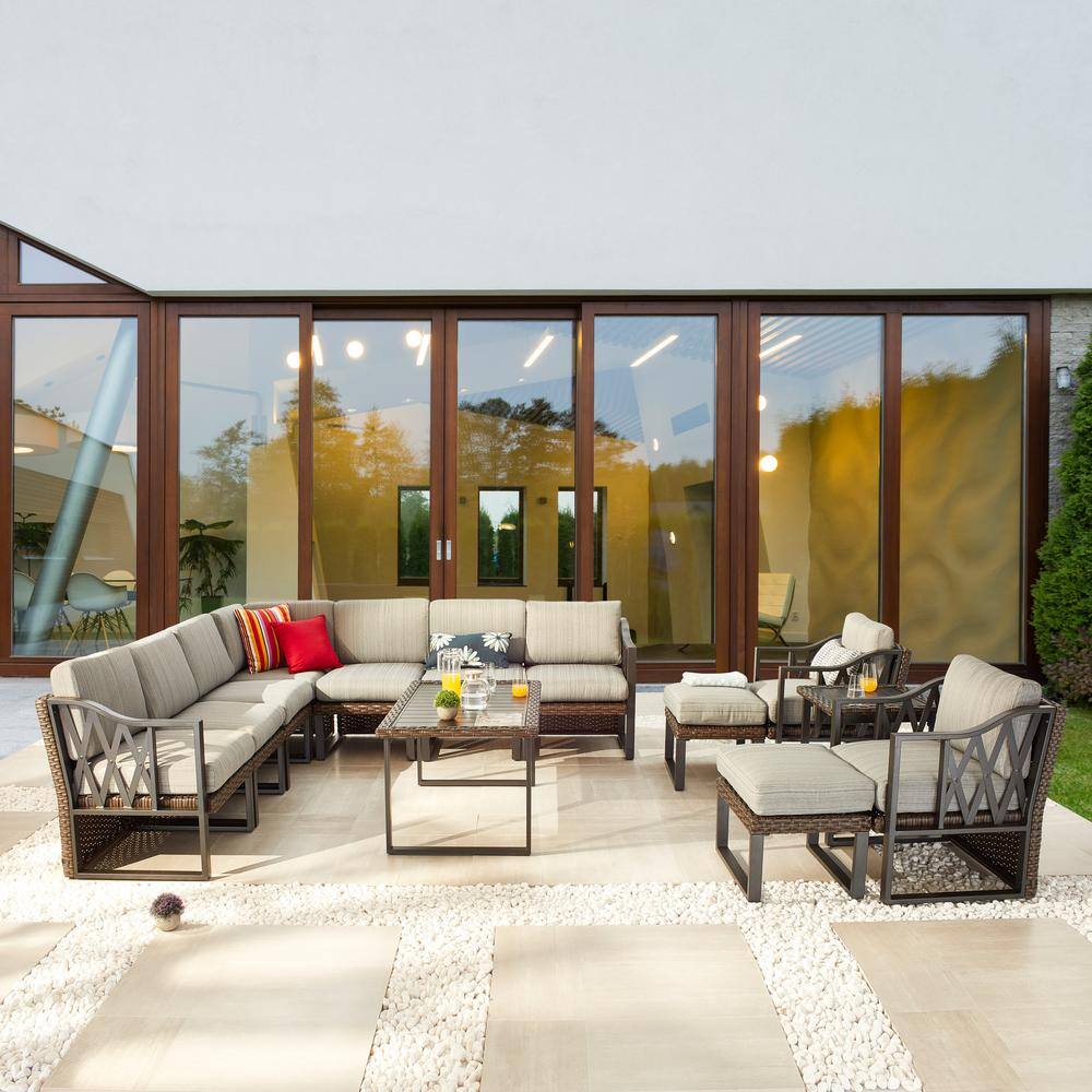 Patio Festival 13-Piece Wicker Collection Patio Conversation Set with Gray Cushions