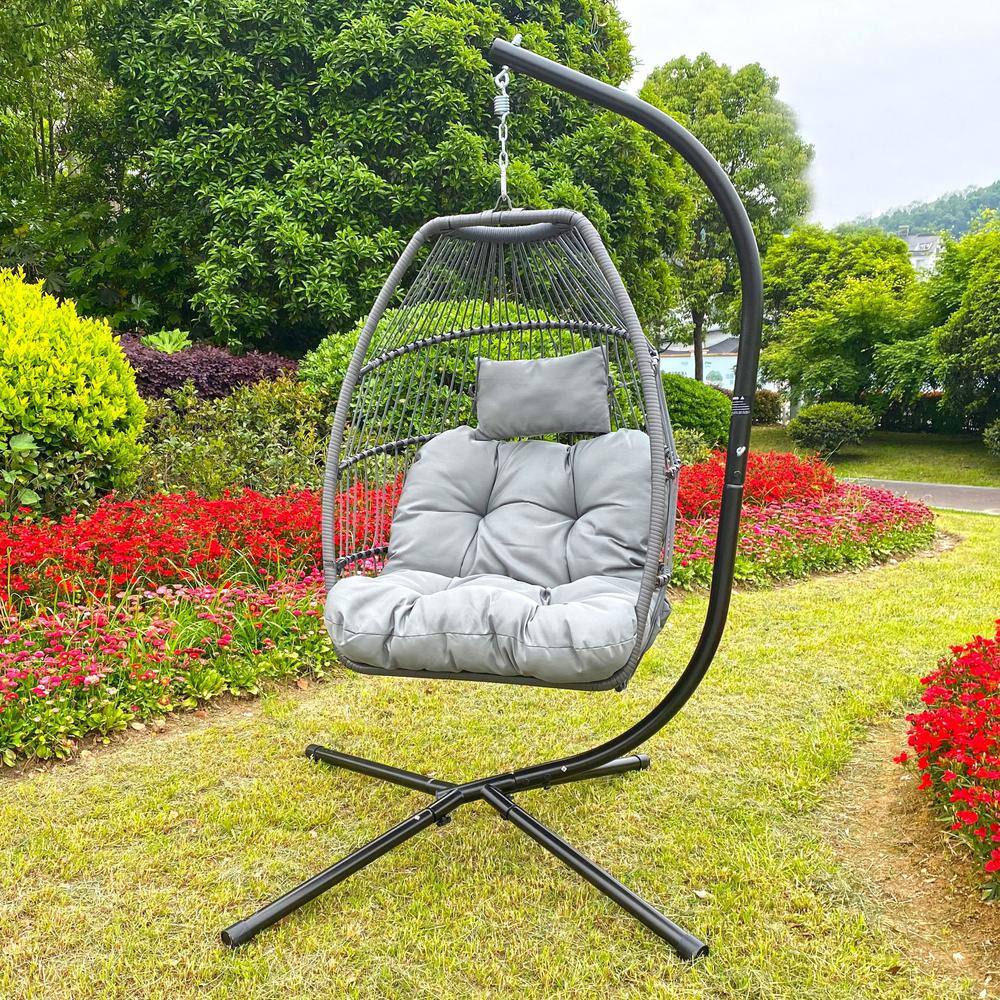 None 3.5 ft. Folding Hanging Chair Rattan Swing Hammock With Cushion and Pillow in Grey