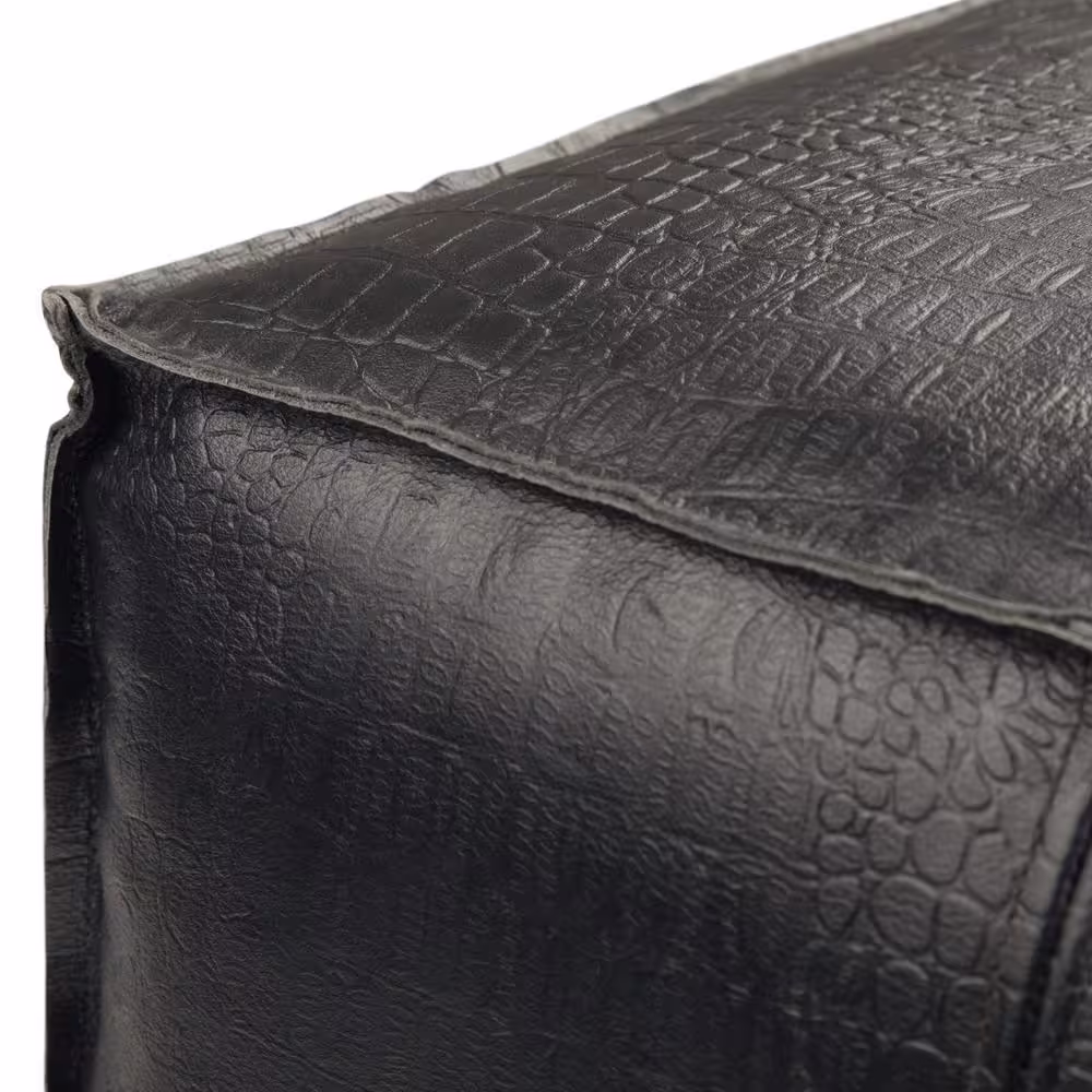 Simpli Home Bowen Boho Square Pouf in Black Genuine Leather