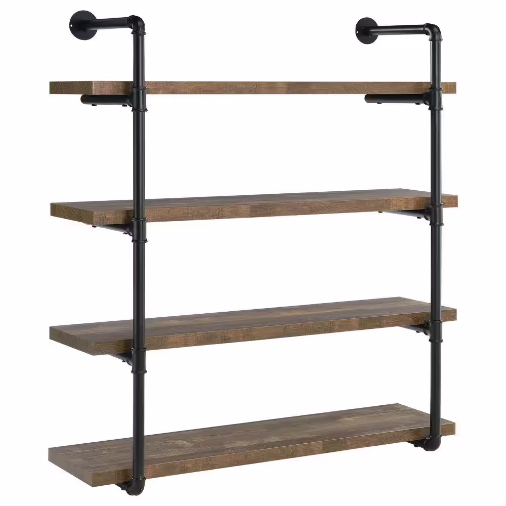 Benjara 11.5 in. L x 39.25 in. W x 46 in. H Brown Wooden Wall Shelf with 4-Tier Shelves and Pipe Design Frame