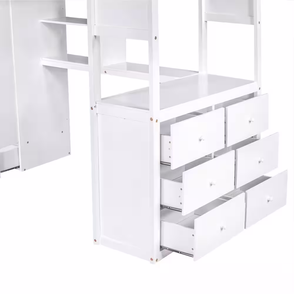 Harper & Bright Designs White Twin Loft Bed with Wardrobe, 7-Drawers and Attached Desk with Shelves