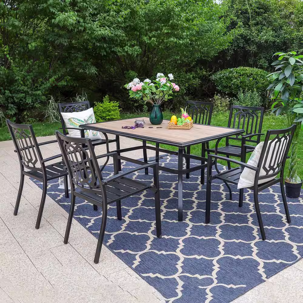 None Black 8-Piece Metal Outdoor Patio Dining Set with Wood-Look Table, Umbrella and Fashion Stackable Chairs