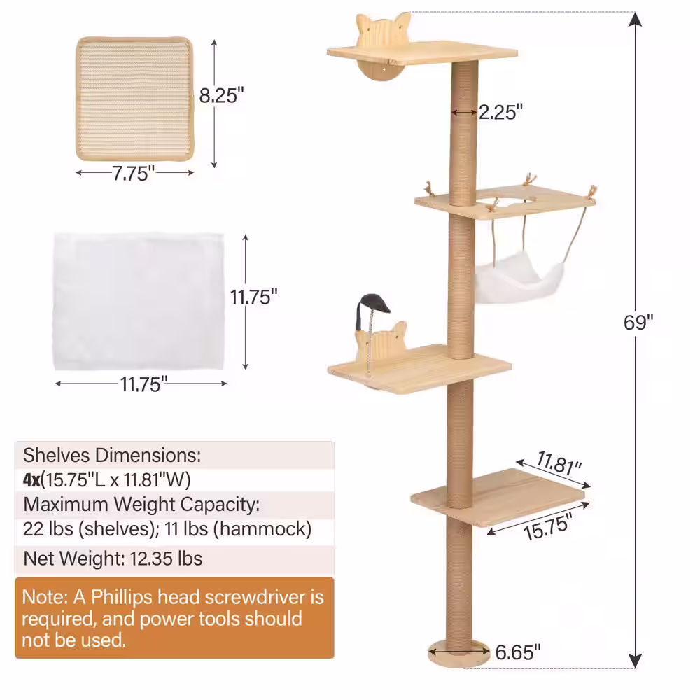 COZIWOW 4-Tier Cat Tree Shelf Wall Mounted Scratching Post with Hammock