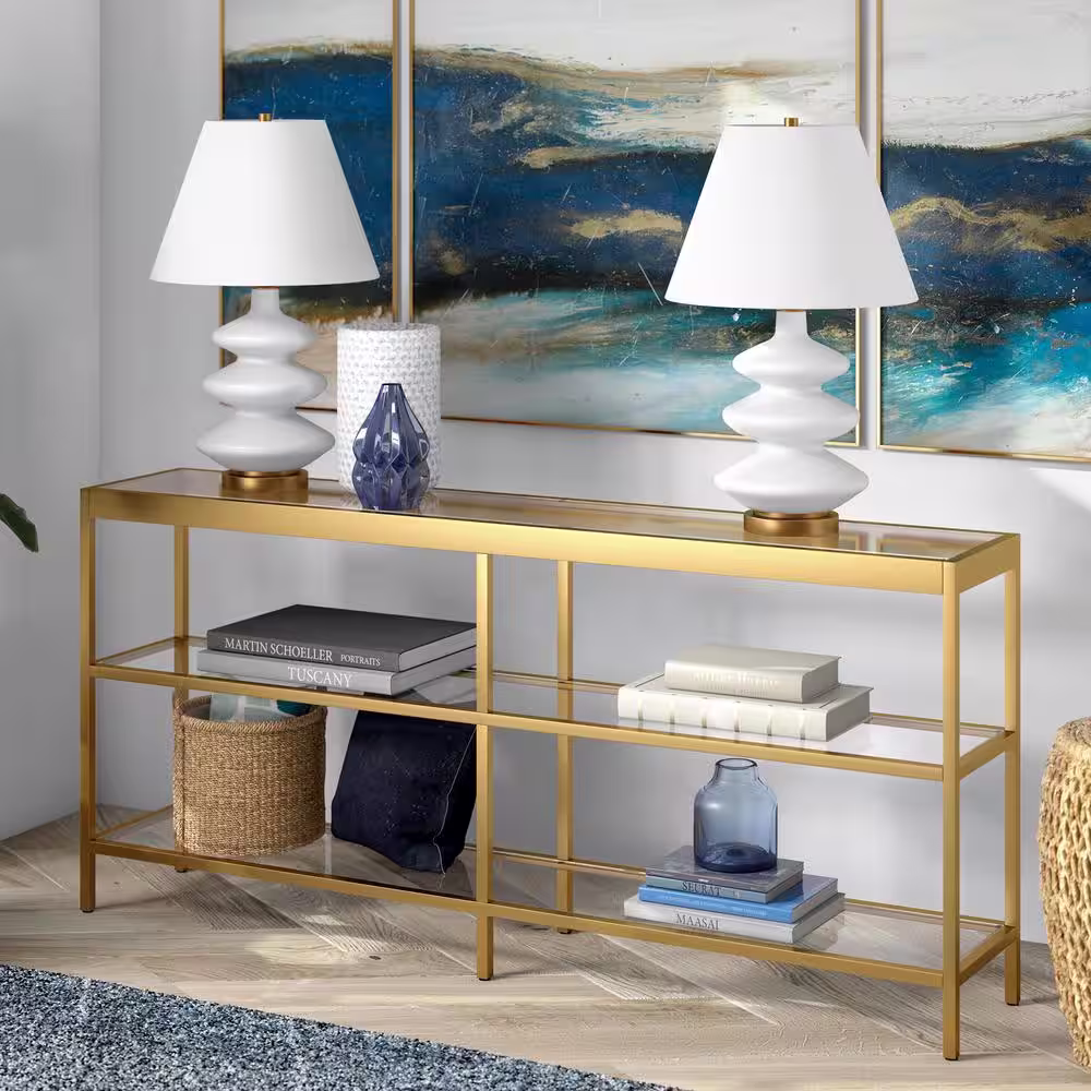 Meyer&Cross Alexis 64 in. Brass Rectangle Glass Console Table