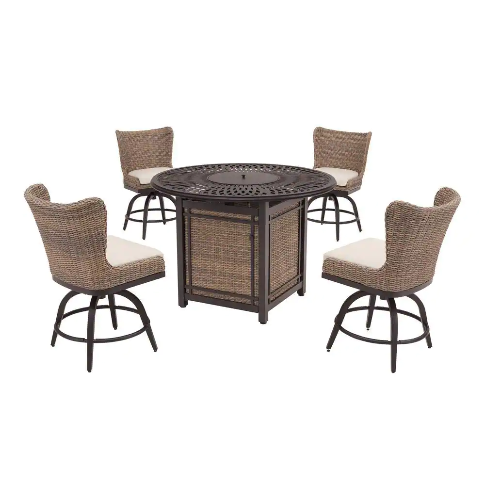 Home Decorators Collection Hazelhurst 5-Piece Brown Wicker Outdoor Patio High Dining Fire Pit Seating Set with CushionGuard Almond Tan Cushions