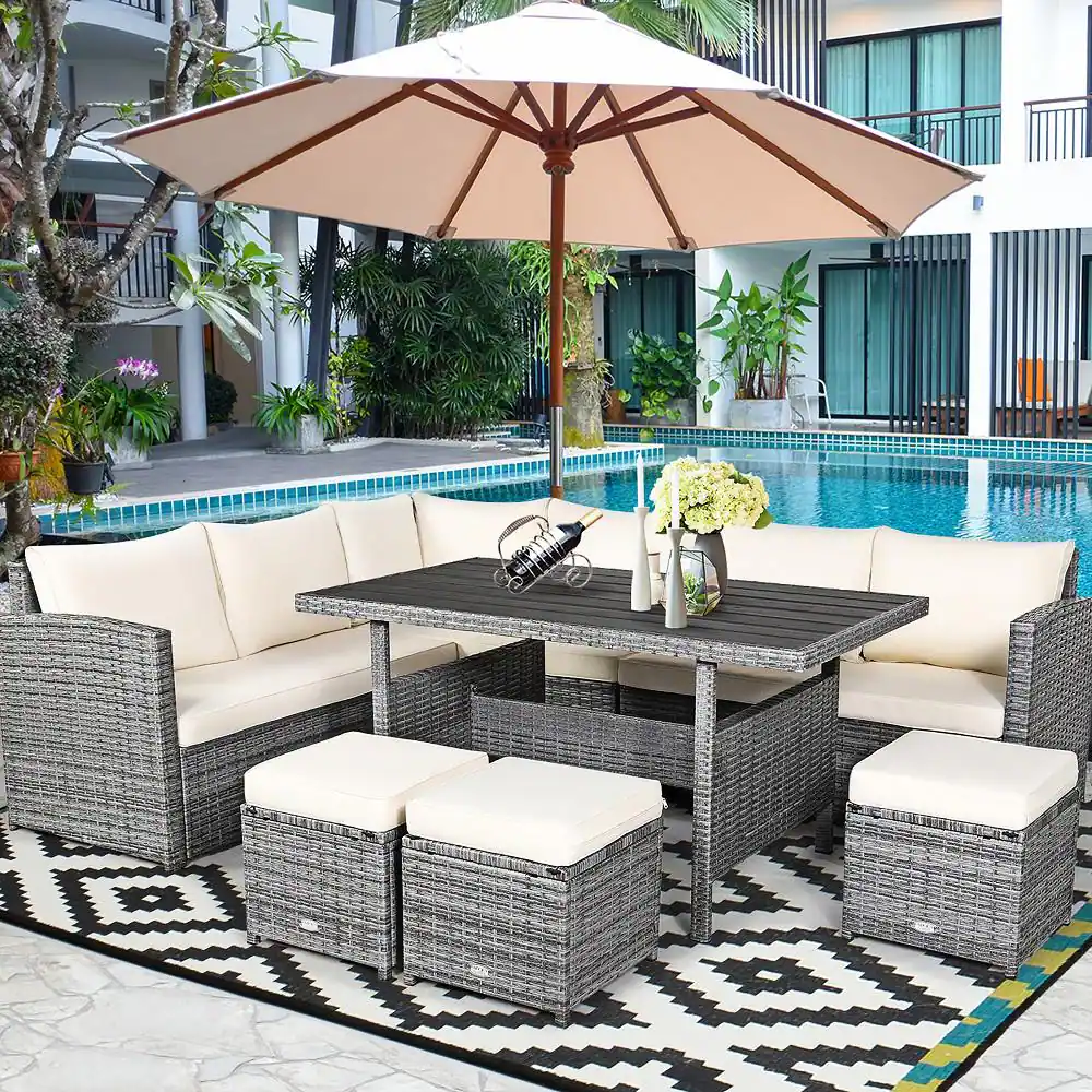 Costway 7-Pieces Wicker Patio Conversation Sectional Seating Set with White Cushions