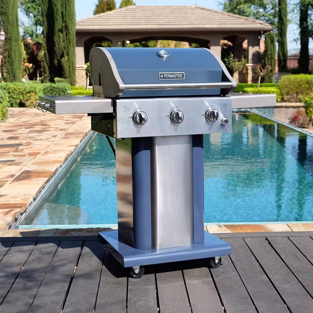 PERMASTEEL 3-Burner Pedestal Propane Gas Grill in Azure with Side Hooks