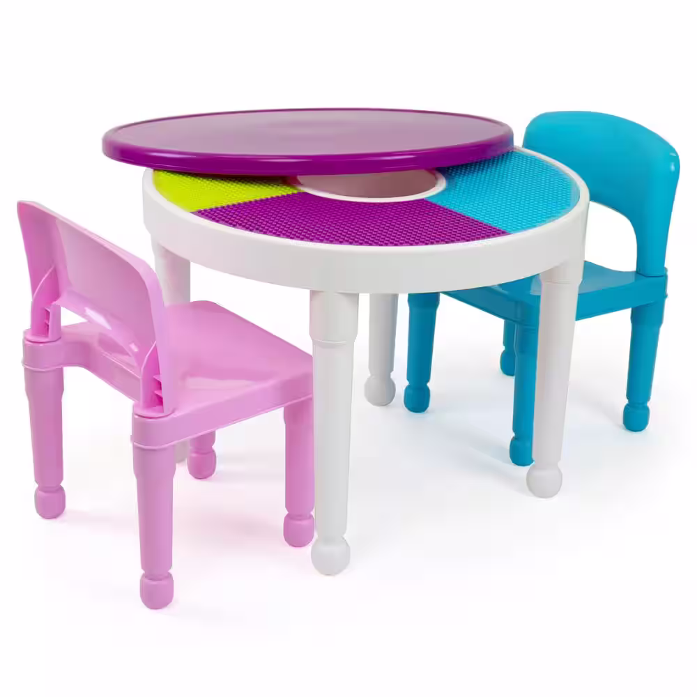 Humble Crew Bright Colors 2-in-1 Plastic Building Block-Compatible Kids Activity Table and 2 Chairs Set