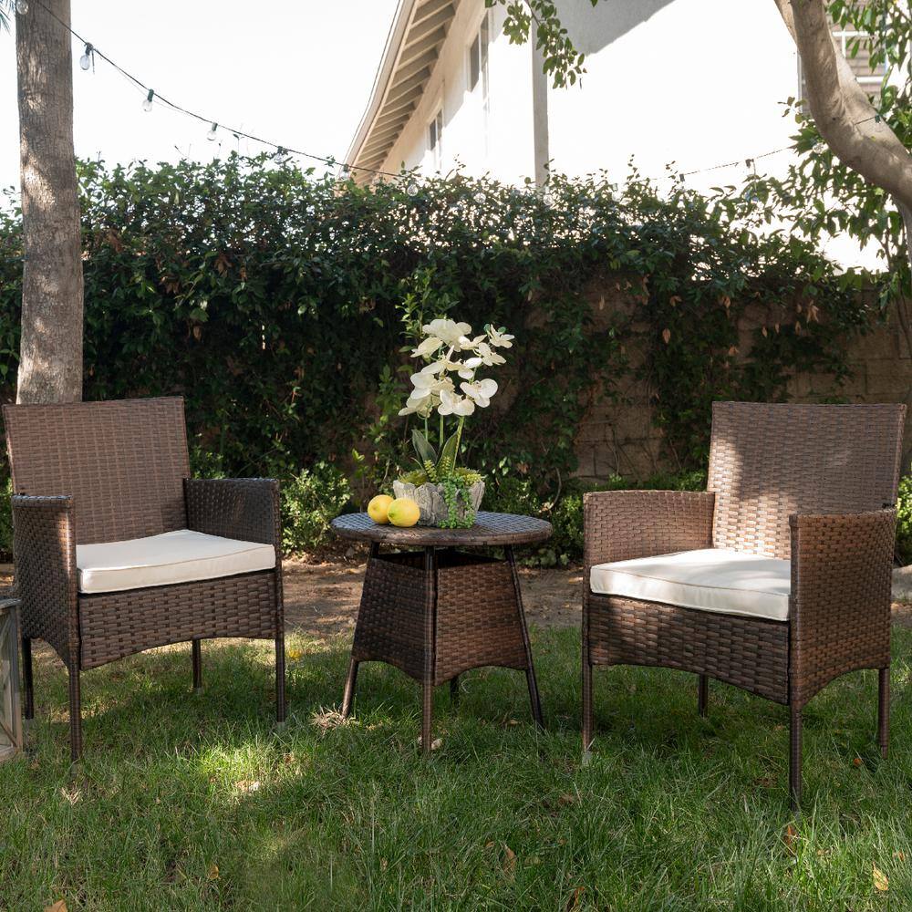 Barton 3-Piece Wicker Rattan Furniture Outdoor Bistro Patio Set Chairs with Removable Beige Cushions and Round Table
