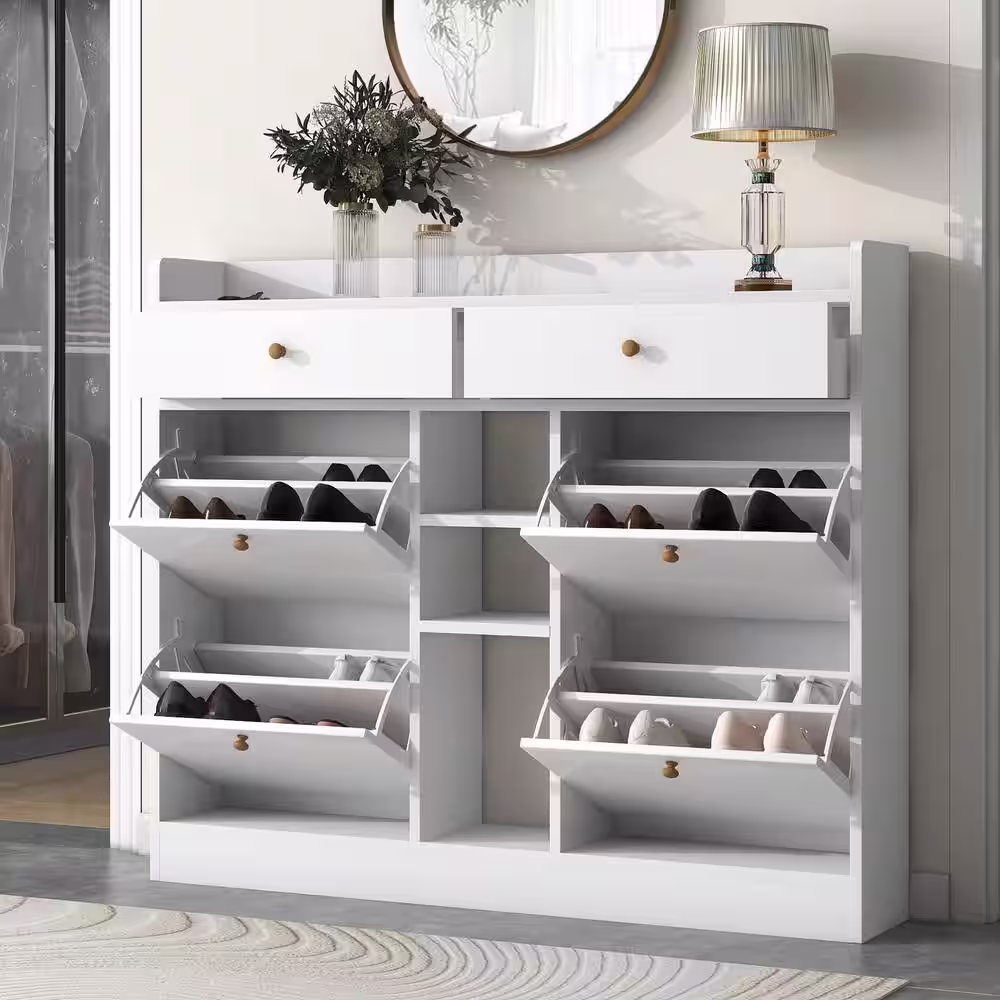 Polibi White Free Standing Multifunctional 2 Tier Shoe Storage Cabinet Organizer with 4 Flip Drawers for Entrance Hallway