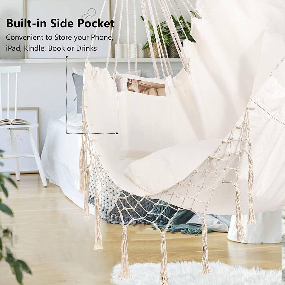None Hammock Chair Large Hanging Rope Swing Seat Chair with Pocket Max 350 lbs. Superior Comfortable, Large (Beige)