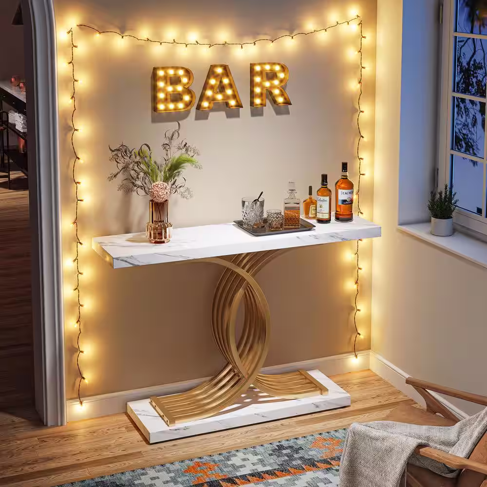 None Catalin 40 in. White Rectangle Wood Console Table, Modern Sofa Table with Geometric Frame