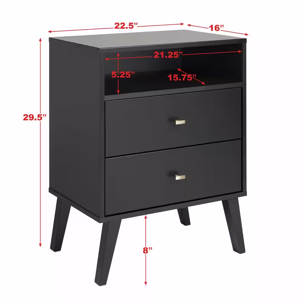 Prepac Milo Mid Century Modern 2-Drawer Black Tall Nightstand with Open Shelf