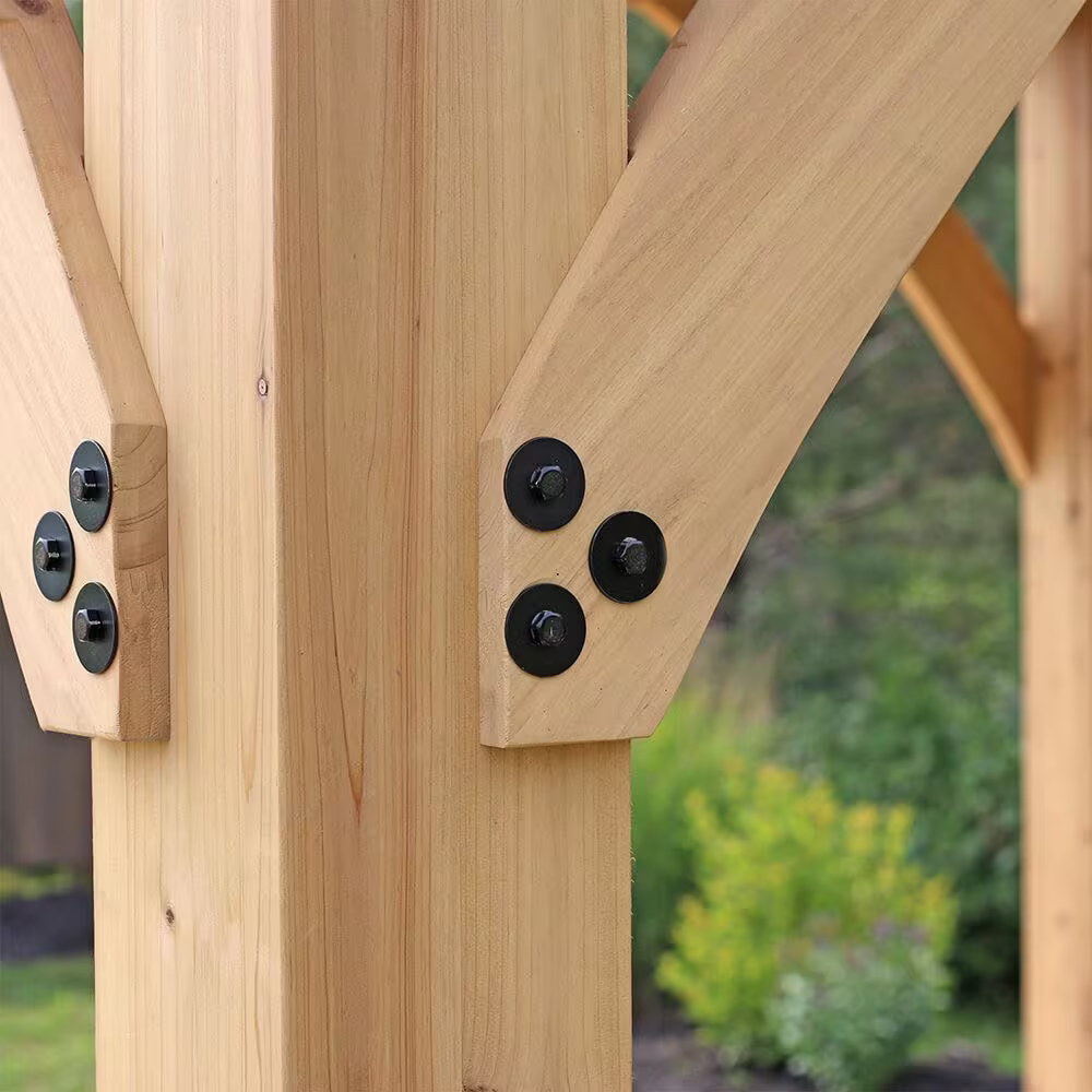 Yardistry Professionally Installed Meridian 12 ft. x 16 ft. Cedar Shade Gazebo with a 12 ft. Privacy Wall and Brown Aluminum Roof