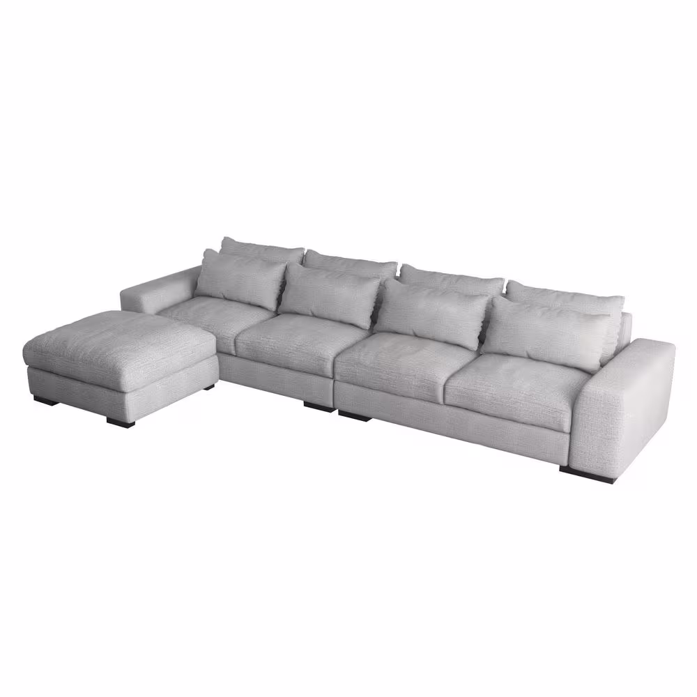 J&E Home 129.9 in. W Square Arm 3-Piece Linen L Shaped Reversible 4-Seater Sectional Sofa with Ottoman in Light Gray