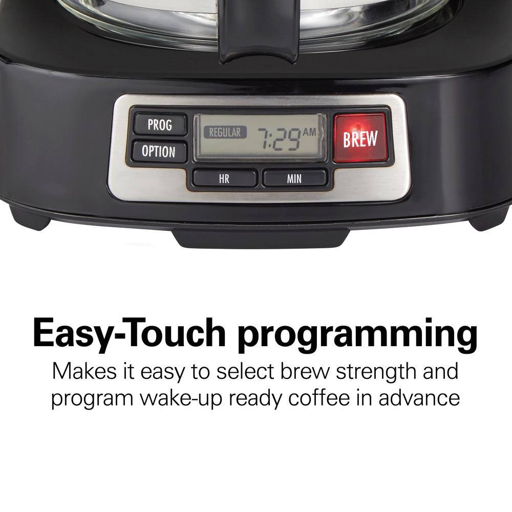 Hamilton Beach 5-Cup Black Compact Coffee Maker with Programmable Clock & Glass Carafe
