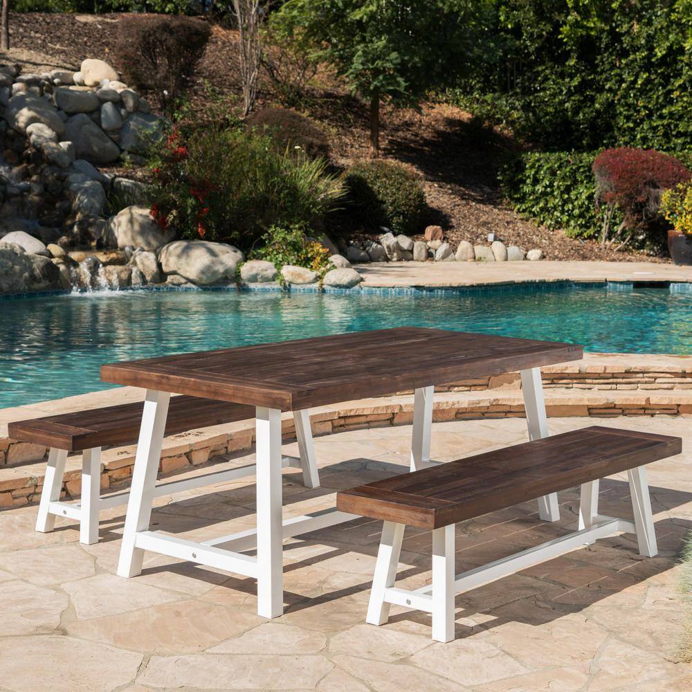 Noble House Rustic White 3-Piece Metal and Dark Brown Wood Rectangular Outdoor Picnic-Style Dining Set