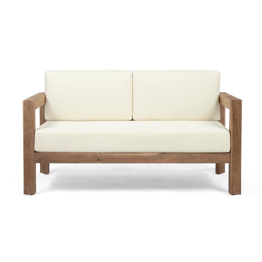 Noble House Genser Brown 2-Piece Wooden Patio Conversation Set with Beige Cushions