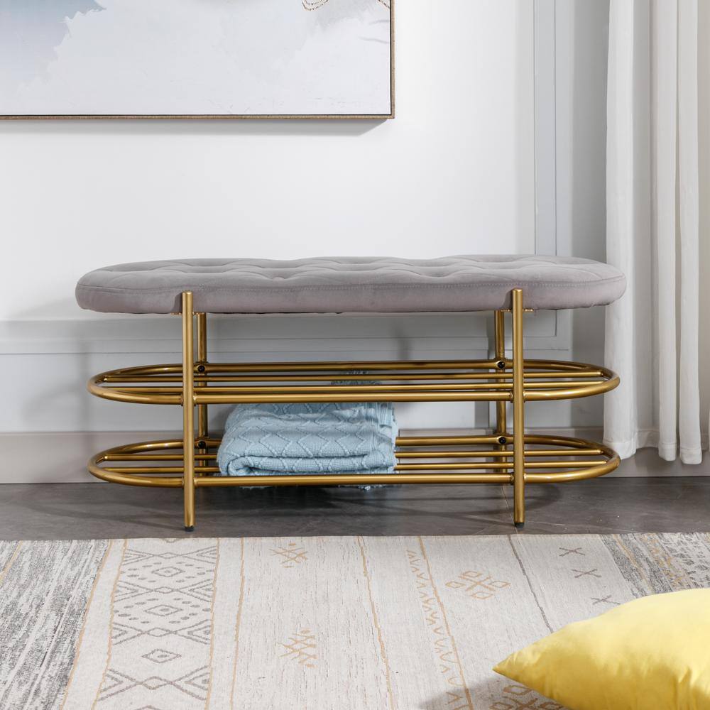 None Grey Velvet Upholstered Bedroom Bench with 2-tier Shoe Shelf Space-Saving Button Tufted Shoe Changing Stool
