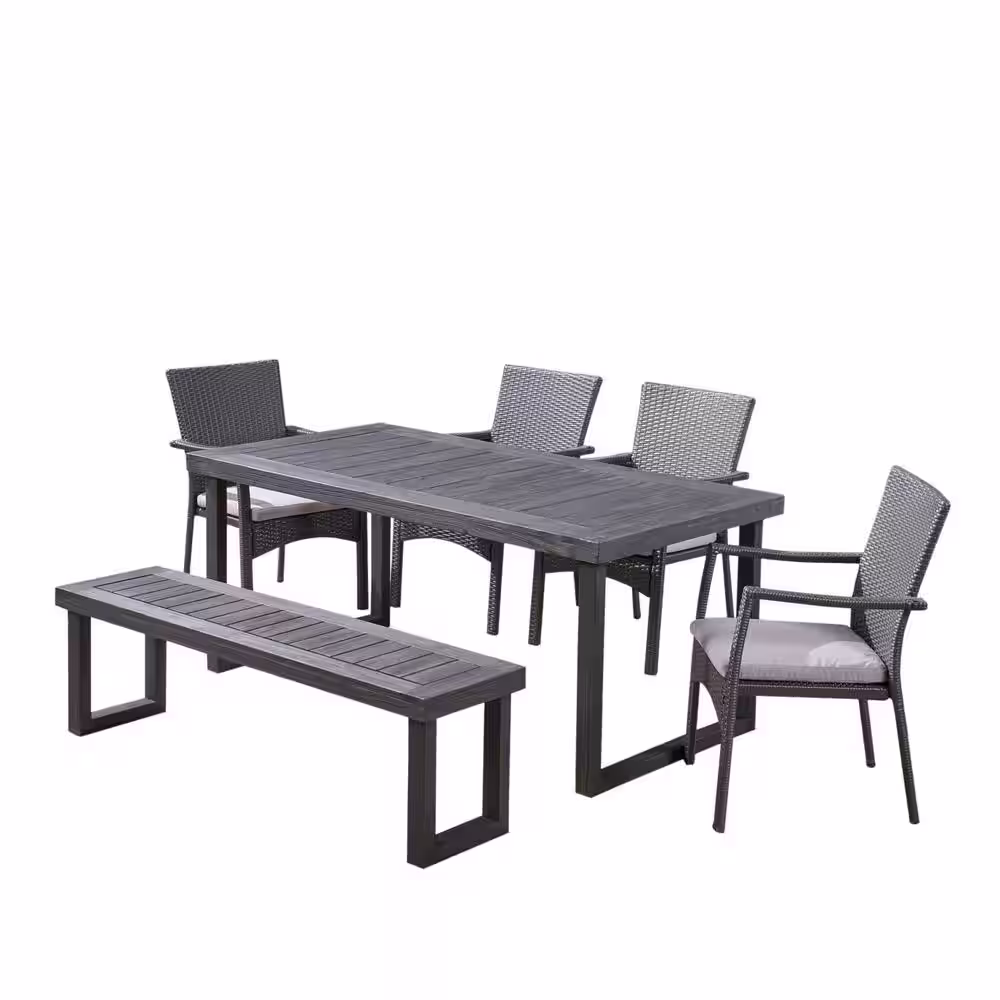Noble House Garner Grey 6-Piece Aluminum and Faux Rattan Outdoor Dining Set with Grey Cushions