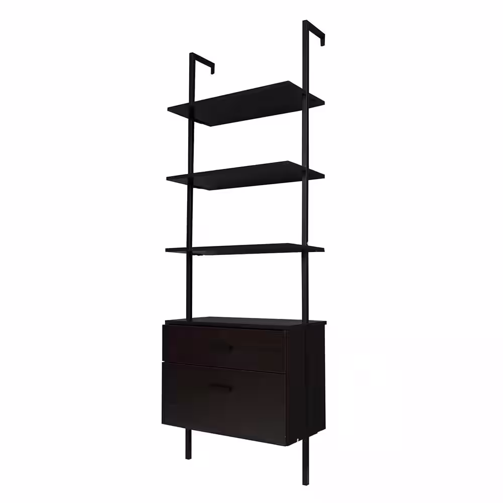 None Industrial 72 in. Black MDF 5-Shelf Standard Bookcase with Wood Drawers