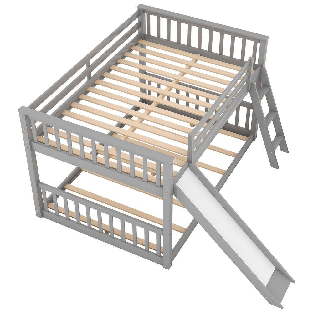 Harper & Bright Designs Classic Gray Full over Full Wooden Bunk Bed with Convertible Ladder and Slide