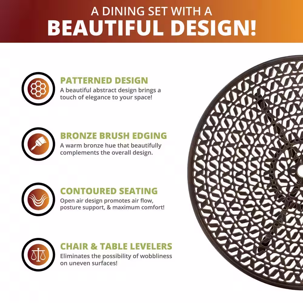 None Harmon Antique Bronze 5-Piece Cast Aluminum Outdoor Dining Set for Patio with Beige Cushions