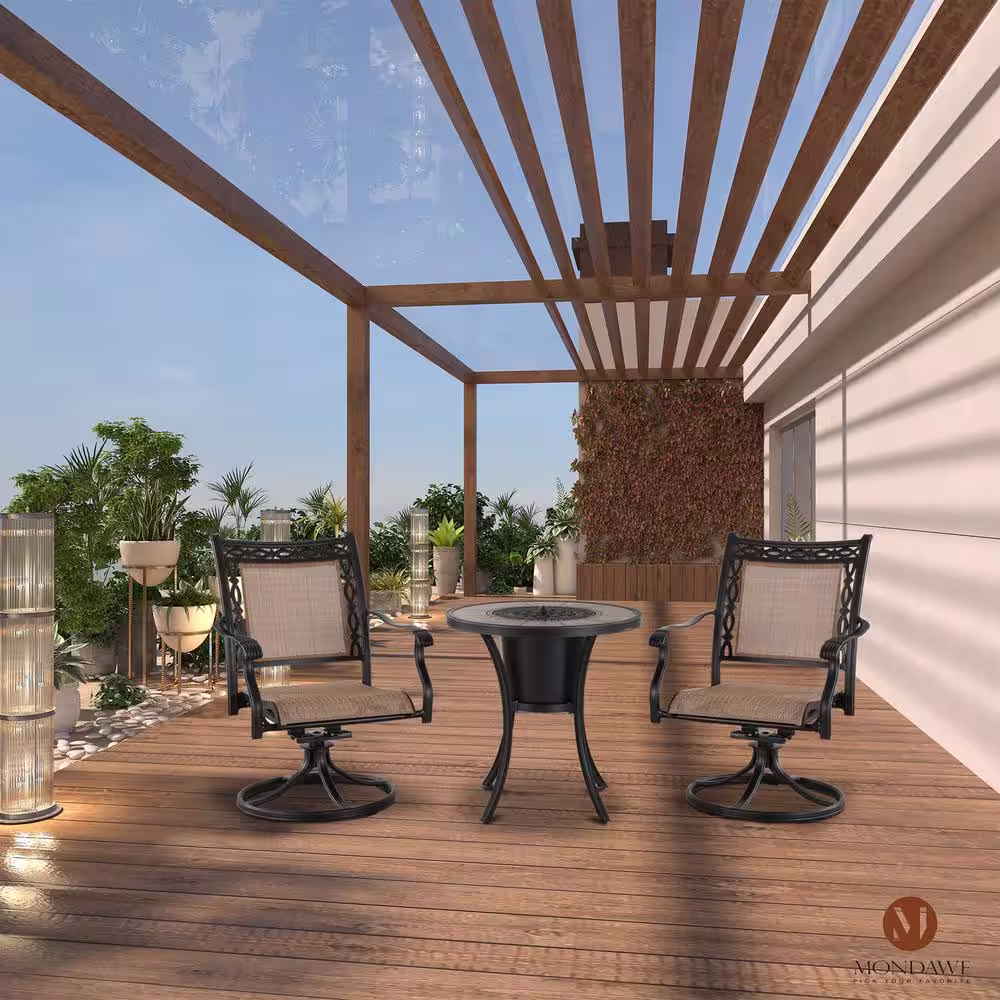 Mondawe Simplified 3-Piece Cast Aluminum Outdoor Bistro Set Dining Set Swivel Sling Chair & Ceramic Tile Table with Ice Buckets