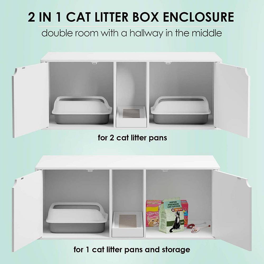 None Wooden Hidden Cat Litter Box Enclosure Furniture, Cat Washroom End Table with Double Room and Litter Catch for Indoor
