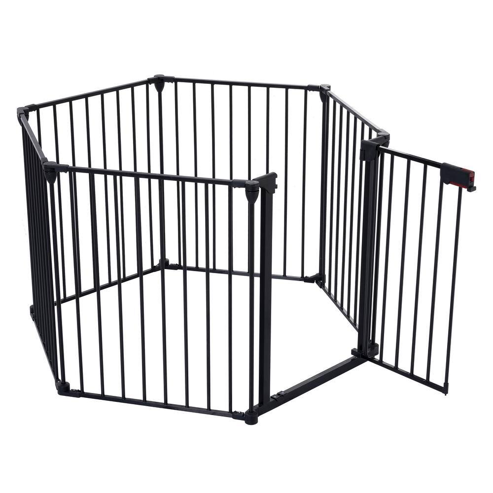 None 152 in. Market Adjustable Safety Gate 6 Panel Play Yard Metal Doorways Fireplace Fence Christmas Tree Fence Gate Black